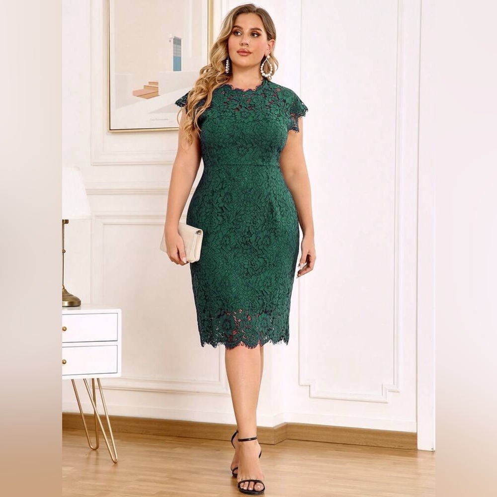 Pre-Owned Dark Green SHEIN MIUSOL Floral Full Lace Scallop Trim Dress
